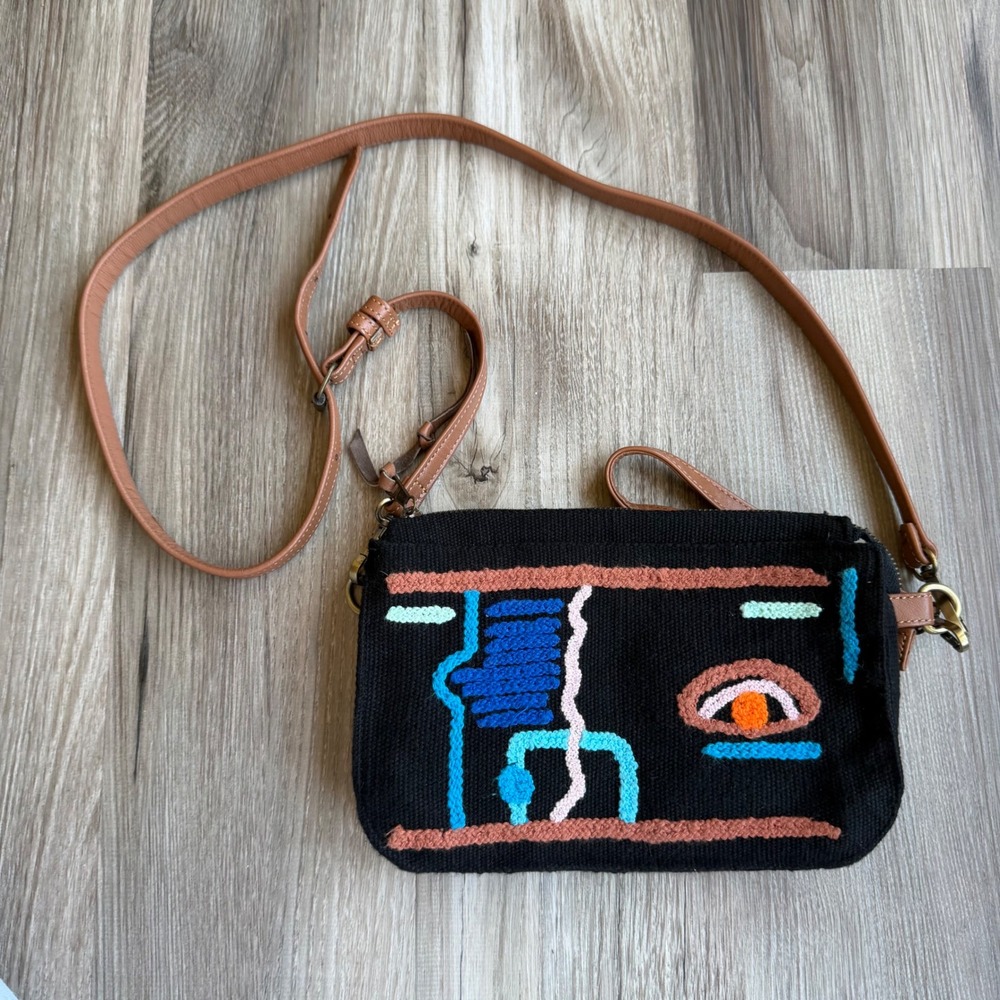 Noonday Collection Abstract Embroidered Cotton Crossbody Bag Black Brown Peru‎